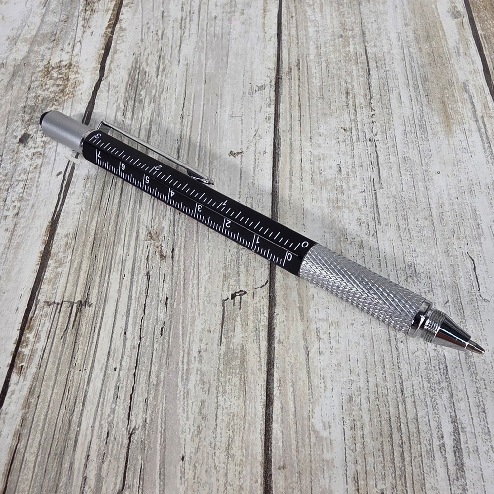 Pen-Ultimate 6-in-1 Multi-Tool Pen Stylus Level Ruler Black Silver EDC